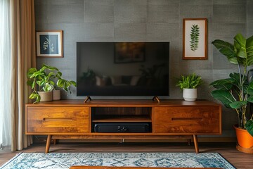 Modern Living Room with Television, Wooden Cabinet, and Plants