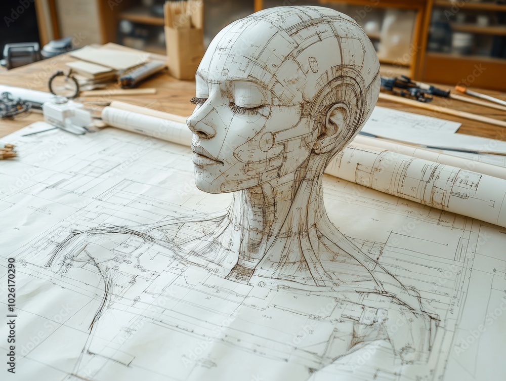 Poster closeup no face human engineer and an architect blueprint design on table