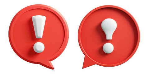 Red speech bubble, 3D vector illustration of a red speech bubble with a bold white exclamation mark in the center, isolated on a transparent background. Ideal for communication or warning graphics.
