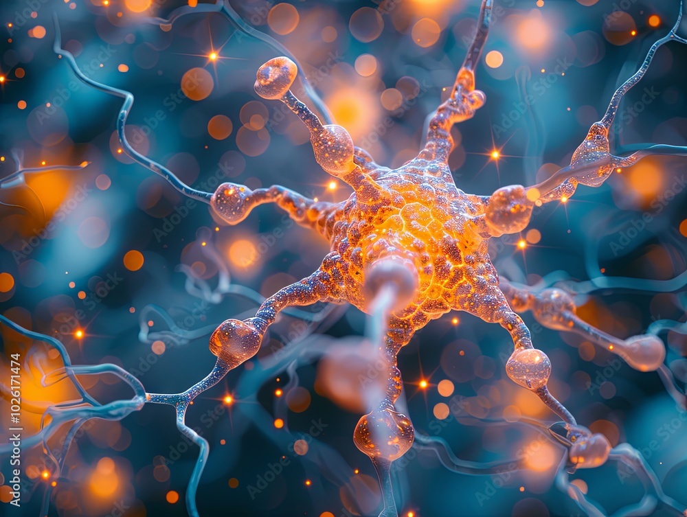 Poster a glowing neuron with dendrites and axon