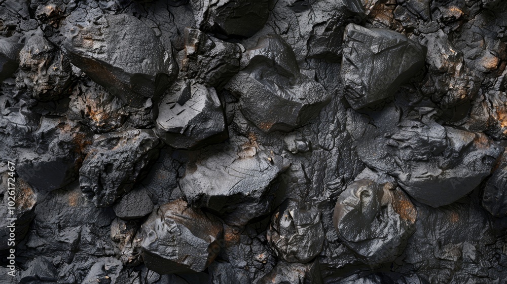Poster textured close-up of black rocks revealing intricate patterns and details in natural setting under s