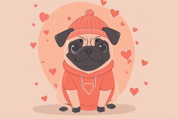 Adorable pug in cozy sweater surrounded by hearts
