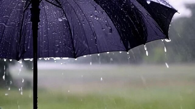 Close up of an opened black umbrella under a heavy thunderstorm.
