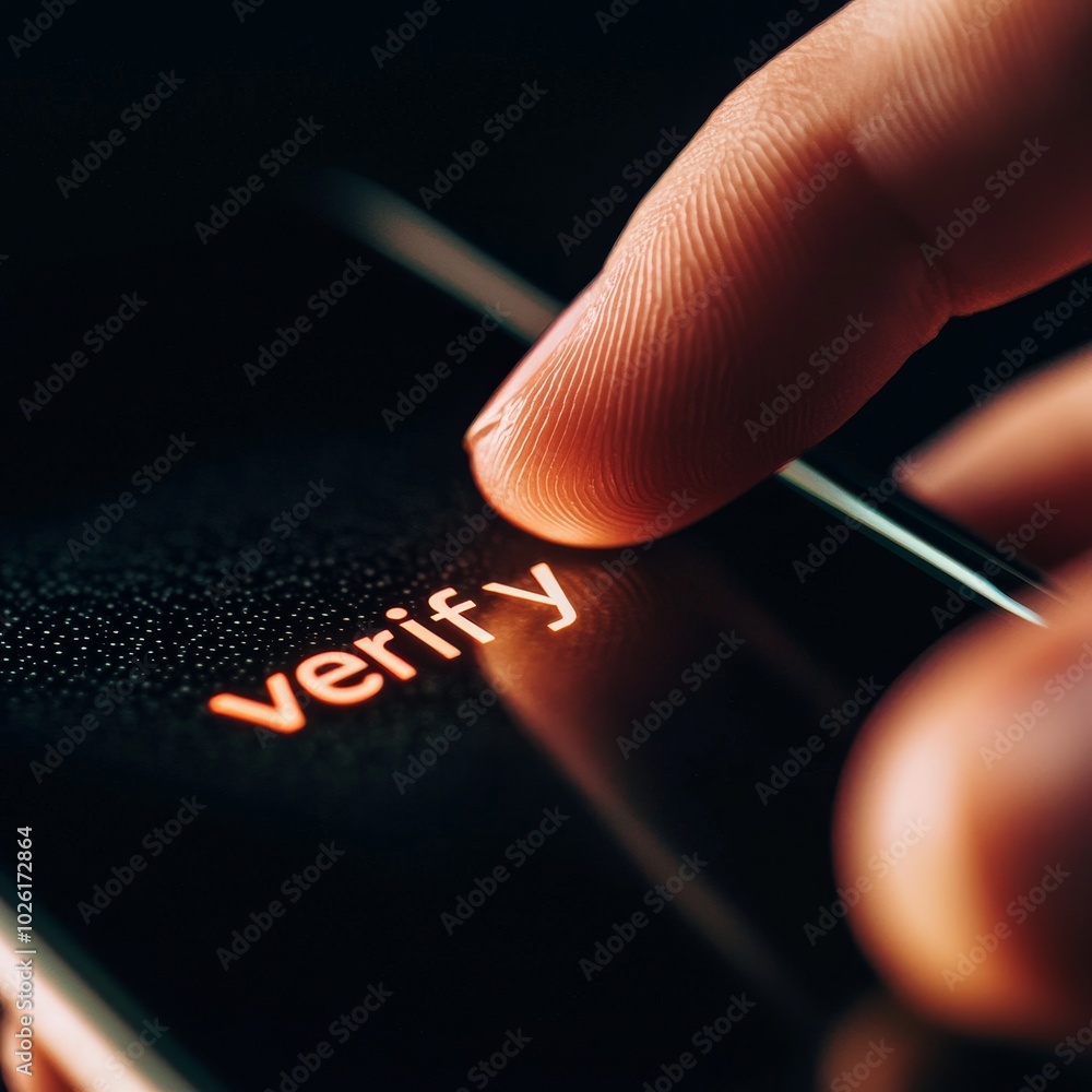 Poster a person finger is pressing the verify button on a smartphone screen, indicating a process of confir