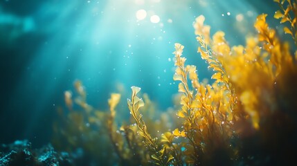 Obraz premium Close-up shot of a glowing seaweed forest, ethereal creatures promoting wellness through vibrant energy, mythical underwater realm of tranquility