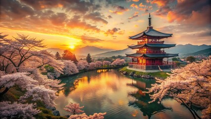 Obraz premium Vintage Japanese Sunset with Cherry Blossoms and Traditional Pagoda for Serene Landscape Imagery