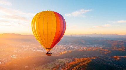Obraz premium vibrant hot air balloon floats gracefully over scenic landscape at sunset, showcasing stunning view of mountains and city skyline. warm colors of balloon contrast beautifully with serene