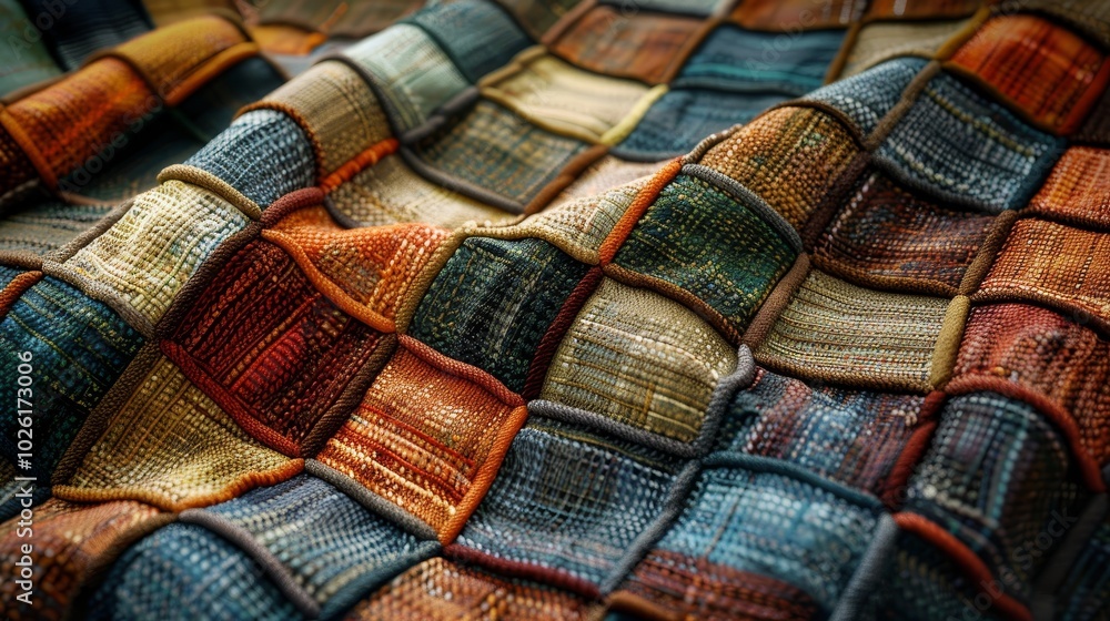Poster a colorful woven blanket displayed on a surface, showcasing intricate textures and patterns in natur