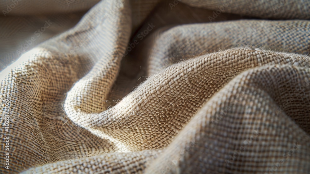 Poster textured beige linen fabric draping softly on a flat surface in natural light showing intricate weav