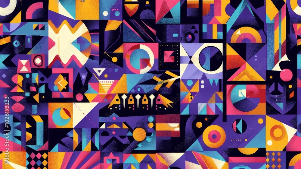 Poster colorful abstract geometric design featuring vibrant patterns and shapes set against a dark backgrou