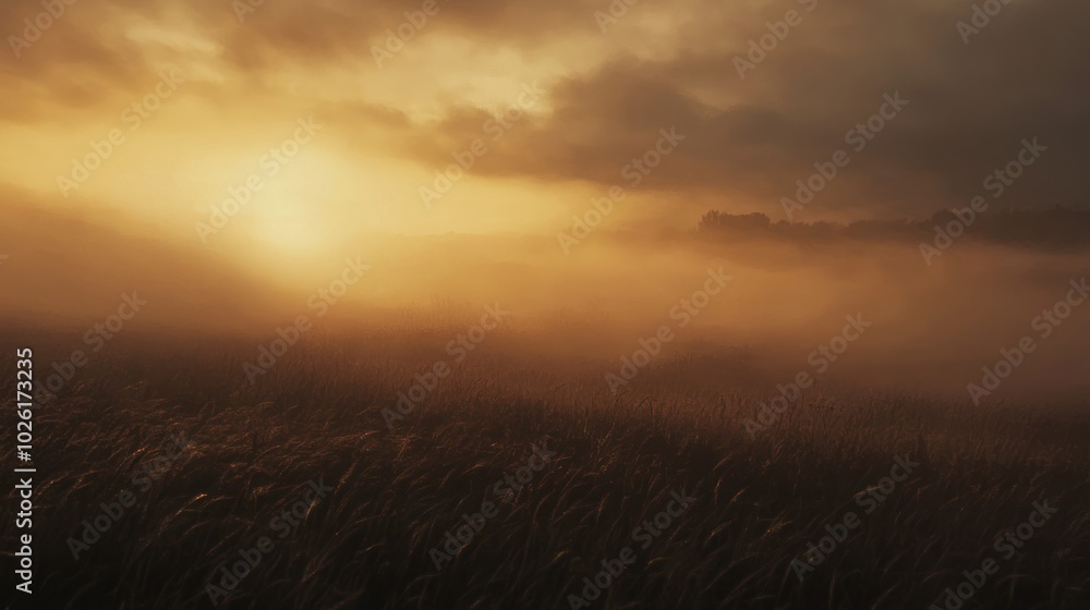Poster misty field at sunset - showcasing a field enveloped in mist as the sun sets, creating a mystical an