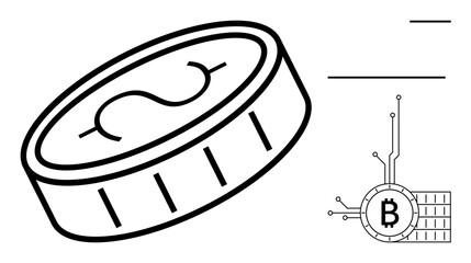 Black and white drawing of a traditional coin with a dollar sign and a digital coin with Bitcoin symbol and tech connections. Ideal for finance, cryptocurrency, digital currency, technology