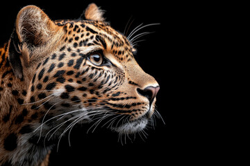 Fototapeta premium Leopard looking intently with piercing gaze on black background