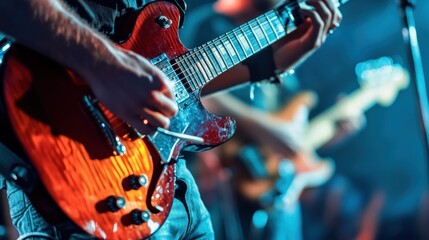Obraz premium Musicians playing on stage during a high-energy concert, with the crowd cheering and clapping to the beat Close-up photo with clean background