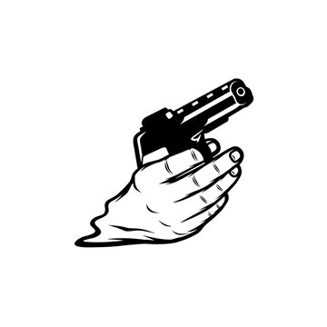 recommend clip art: right hand holding a black and white pistol firearm vector line art