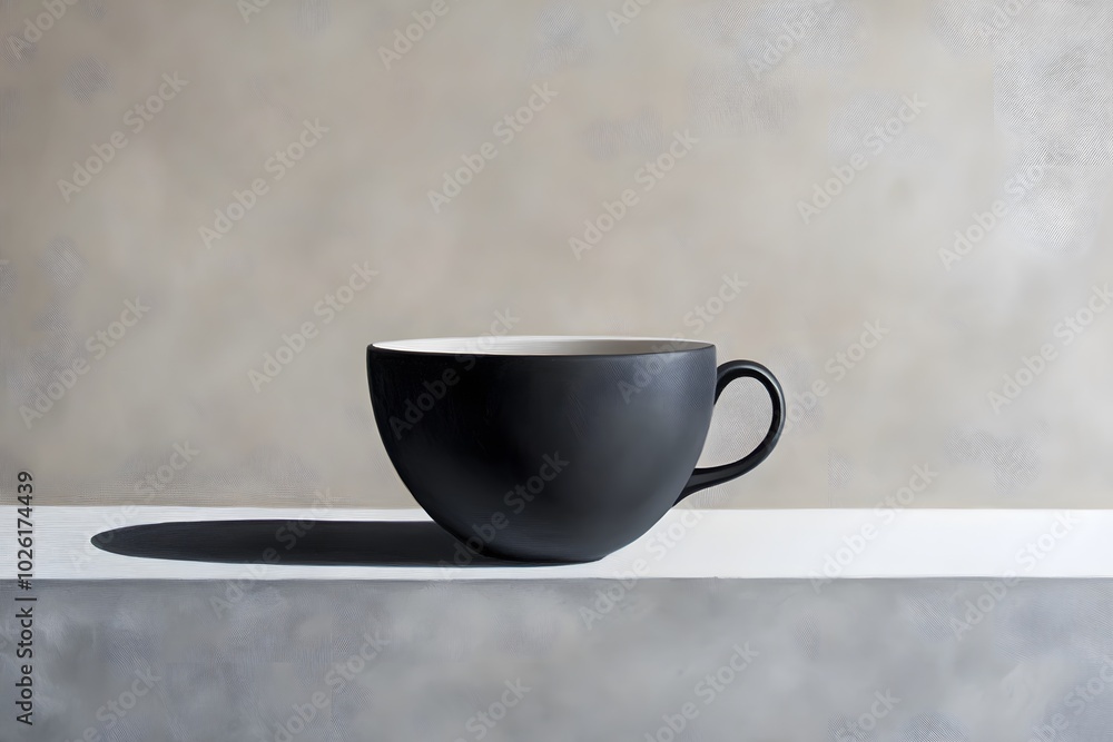 Poster a minimalist black cup displayed on a simple, textured surface against a muted background, emphasizi