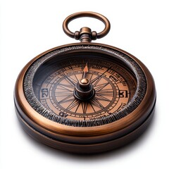 A bronze compass with a detailed face isolated on white background. 