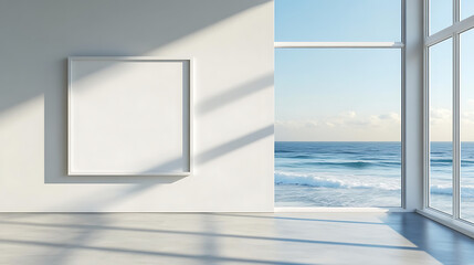 Fototapeta premium Minimalist Living Room with Ocean View: A white picture frame hangs on a clean white wall in a minimalist living room