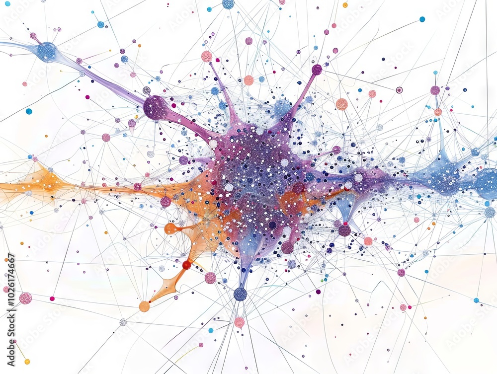Poster abstract network with colorful nodes and lines on white background