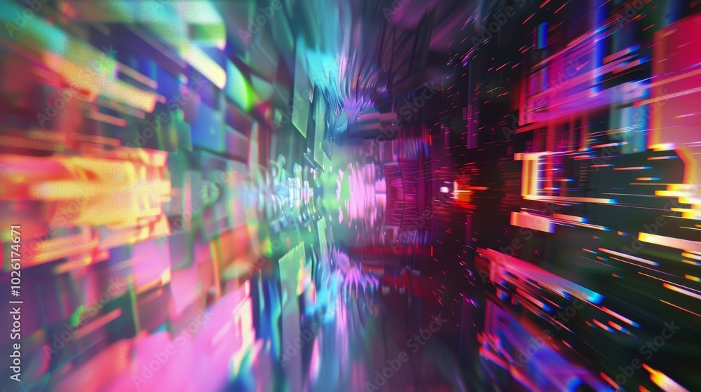 Poster abstract digital art showcasing a burst of colorful lights in a blurred, dynamic motion effect
