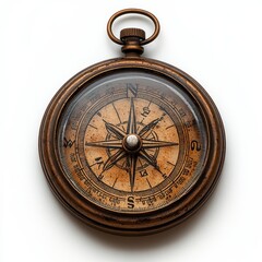 A bronze compass with a detailed face isolated on white background. 