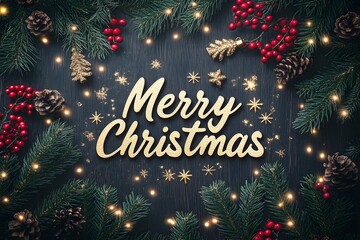 A festive composition featuring the text "Merry Christmas" surrounded by pine branches, berries, and decorative elements, perfect for holiday celebrations.
