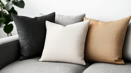 Close-up of three decorative cushions in black, beige, and brown on a gray sofa with a blurred background of indoor plant leaves.