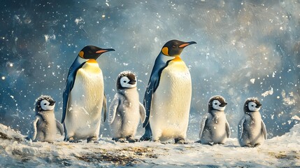 A charming scene of penguins and their chicks standing in a snowy environment, showcasing family bonding in a wintry landscape.
