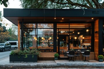 A restaurant with a black exterior and large windows, generative ai image