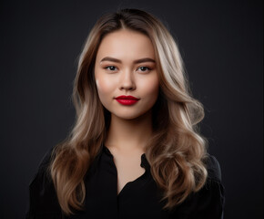 Fototapeta premium Portrait of Russian woman with long blonde hair in black outfit