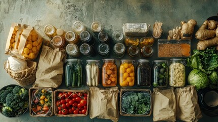 Overhead shot of a zero waste shopping scene with a variety of organic groceries in reusable bags and jars on a textured background