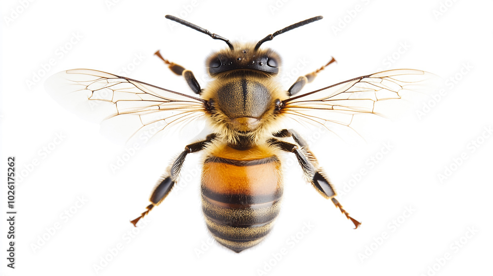 Poster close-up view of a bee showcasing its intricate details and distinctive markings