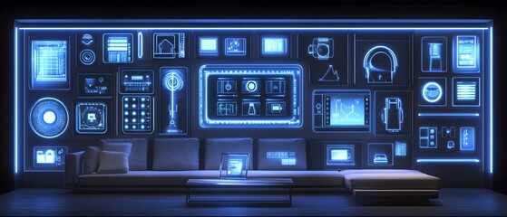 Fototapeta premium Futuristic smart home control panel of home appliances, sleek and modern digital interfaces perfect to create product designs or as part of smart home technology advertisements to attract consumers.