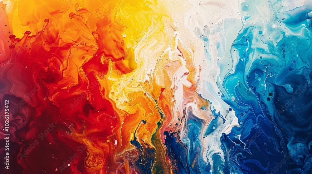 Poster vibrant abstract painting blending warm reds and cool blues with swirling patterns creating a dynami