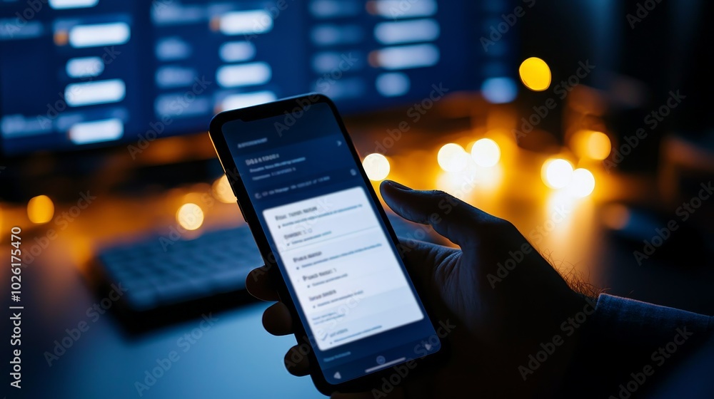 Poster a person holds a smartphone displaying a digital interface, with a blurred computer screen and warm 