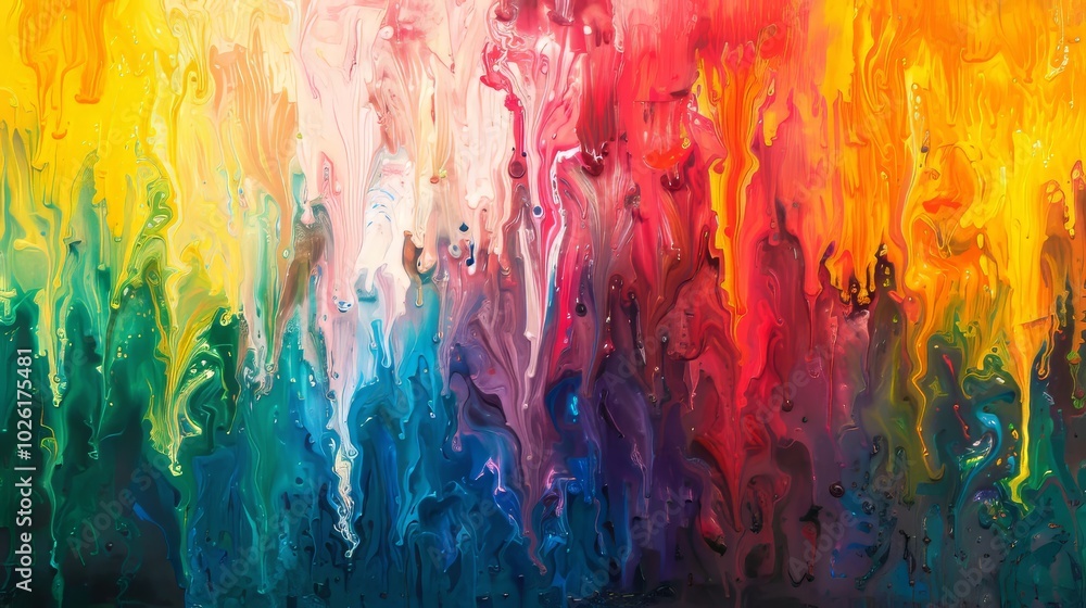 Poster vibrant abstract painting showcasing a blend of colors in flowing patterns displayed on a canvas bac