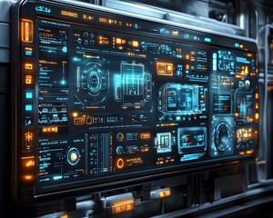 Obraz premium Futuristic smart home control panel of home appliances, sleek and modern digital interfaces perfect to create product designs or as part of smart home technology advertisements to attract consumers.