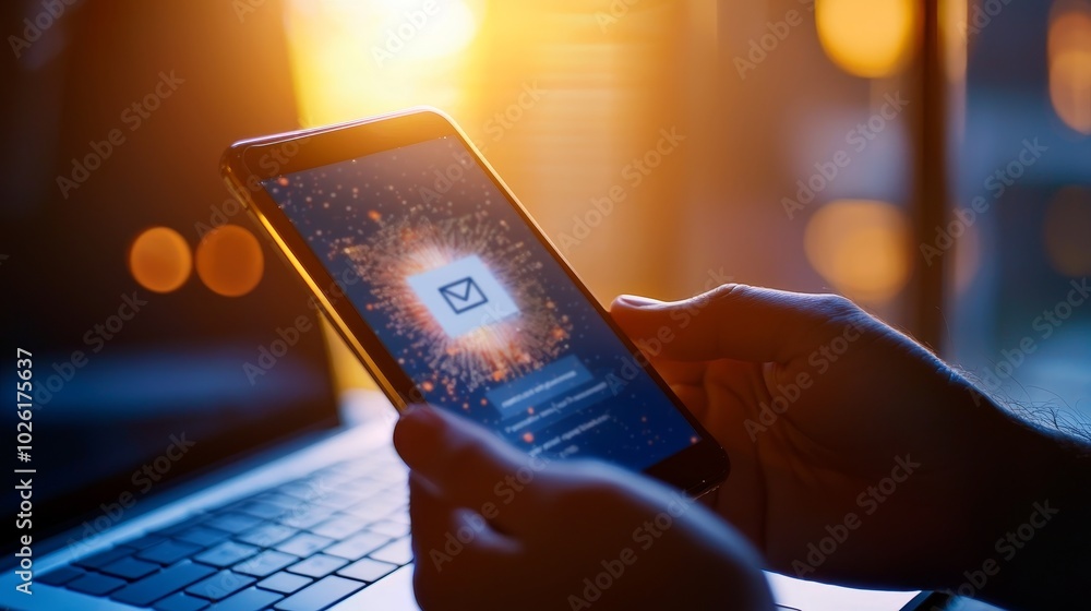 Poster a person holds a smartphone displaying a digital interface, with a glowing background that suggests 