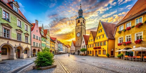 Obraz premium Vintage Style Photography of St Martin Church and Clock in Memmingen's Old City