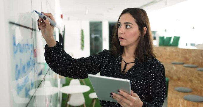 Young 35s female, office employee writing on board while holding tablet, engaged in planning or brainstorming session, using whiteboard to outline ideas or tasks visually for enhancing productivity