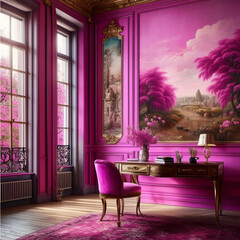 Luxury interior of a living room with pink furniture and paintings. 3d render