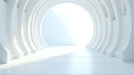 A futuristic white interior design of an empty room, showcasing modern architecture through 3D rendering.