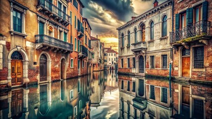 Fototapeta premium Vintage Venice Street During High Tide in November - Cloudy Day Photography