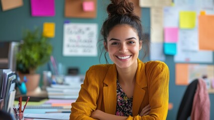 oyful adjutant in a vibrant office environment, actively assisting a team with administrative tasks, wearing a bright smile, surrounded by colorful documents and a lively workspace