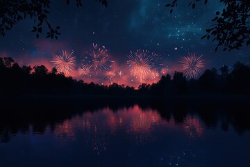 Naklejka premium Lakeside Fireworks Show Under Starry Sky