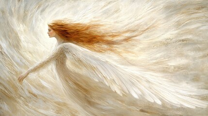 An enchanting angel with long hair and shimmering white wings, gracefully floating in the radiant skies of heaven