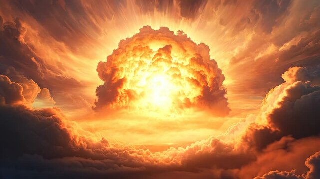 Fiery explosion in the heavens with smoke amidst sunset colors, conveying intensity, copy space