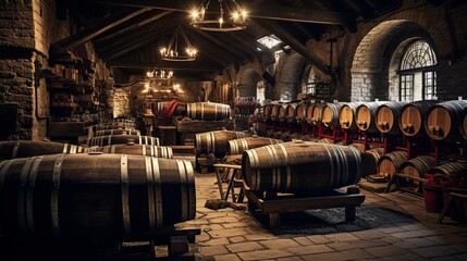 Vintage Elegance: Exploring an Old Wine Cell  with Oak B rels Overflowing with Red Wine [ ]