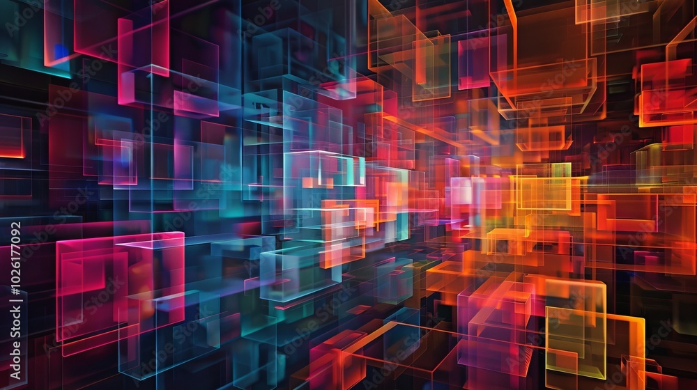 Poster abstract digital art with colorful geometric shapes illuminated by glowing lights in a vibrant, futu