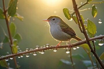 Fototapeta premium Tailorbird Among Dewy Spiderwebs in Early Morning